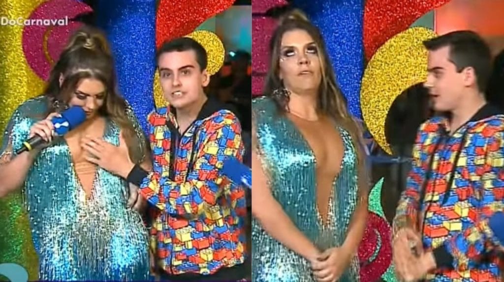 Dudu Camargo apalpa seio de Simony durante entrevista ao vivo