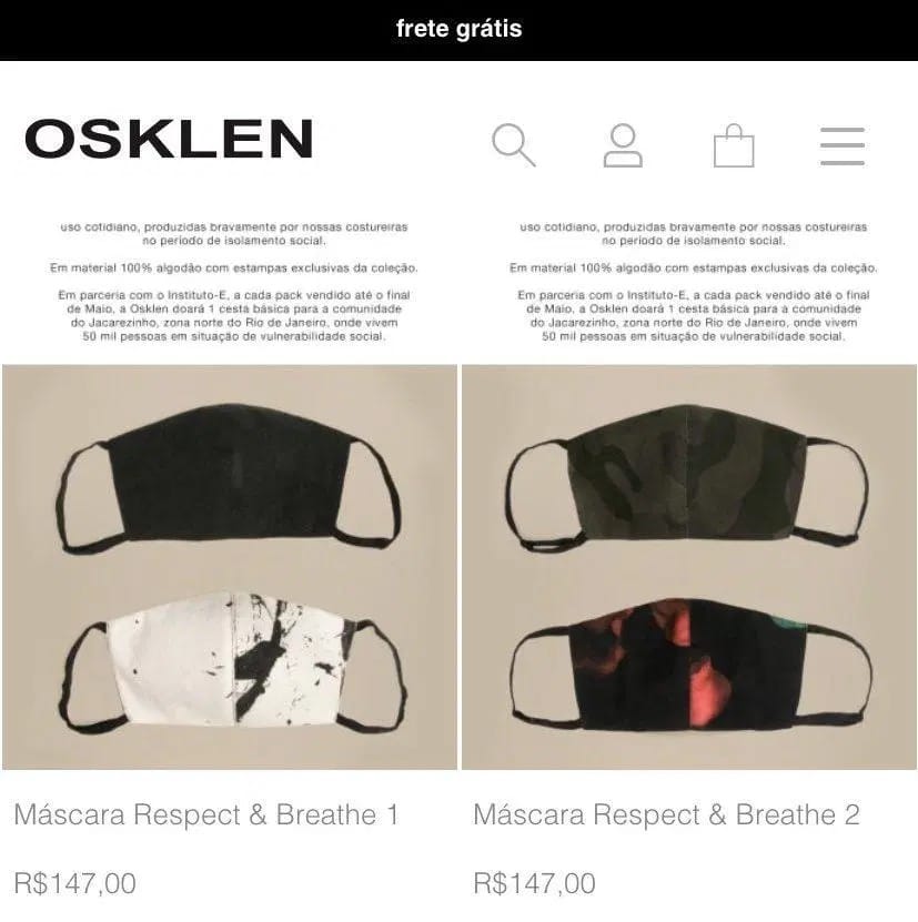 Osklen vende máscaras a R147 é criticada alega prejuízo e retira produto do mercado
