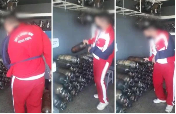 Bombeiro com braco quebrado e colocado para manusear tanques de 14 kg veja video