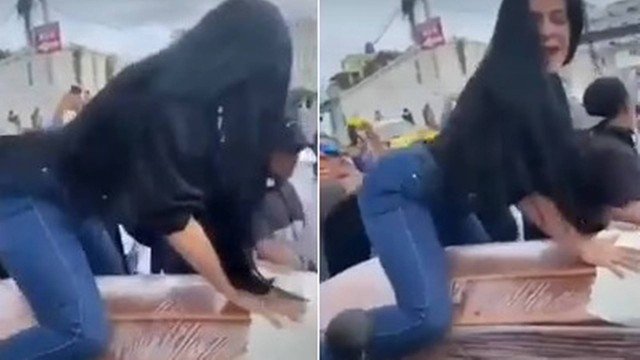 Ao som de regueton viuva sobe em caixao do marido rebola simula sexo e beija o morto