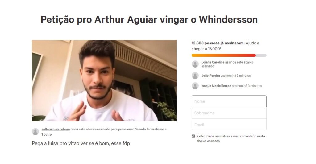 Fas criam peticao para Arthur Aguiar vingar Whindersson e ficar com Luisa Sonza