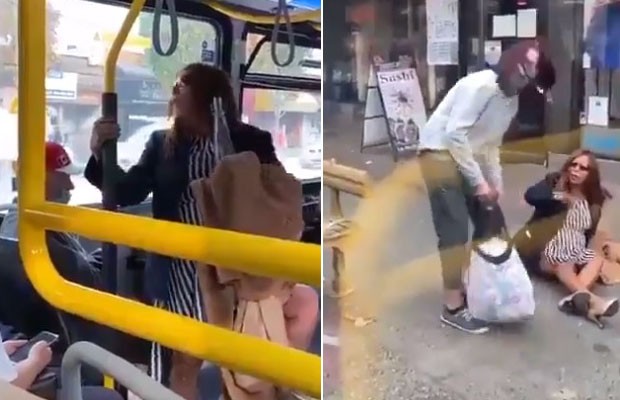 Mulher sem mascara e jogada para fora do onibus apos cuspir no rosto de homem veja video
