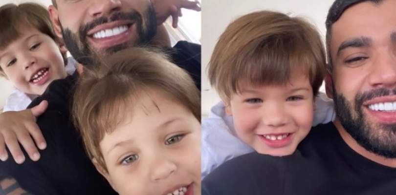 Gusttavo Lima posa pra fotos com os filhos pela primeira vez apos separacao