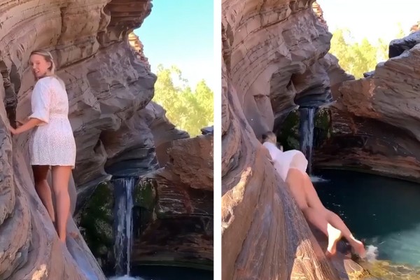 Influencer cai ao tentar tirar foto perfeita em cachoeira veja video