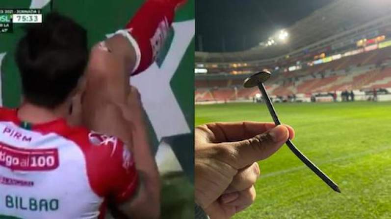 Jogador fica com prego de 15 cm cravado no joelho apos se chocar em lona de publicidade