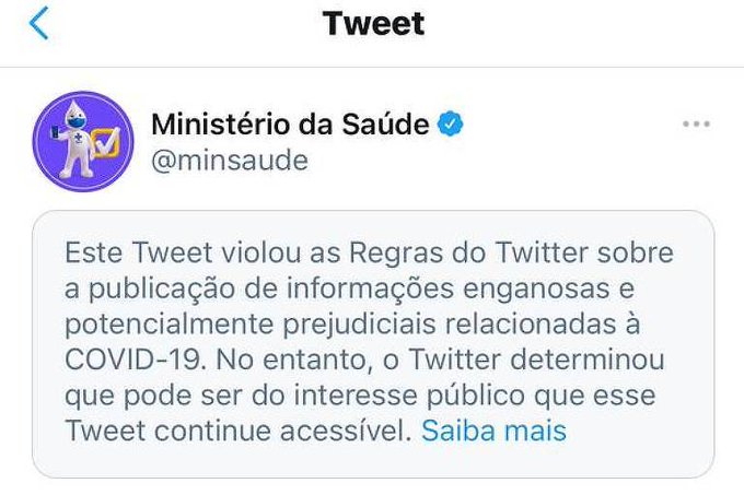 Twitter classifica publicacao do Ministerio da Saude sobre covid 19 como potencialmente prejudicial e enganosa