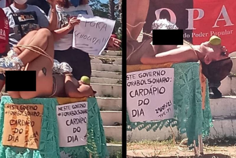 Em ato contra Bolsonaro mulher despida e amarrada faz protesto em frente a templo religioso Arquidiocese de Teresina emite nota de repudio