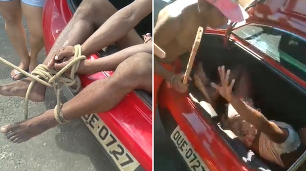 Travesti negra e amarrada e golpeada com madeira na presenca de guardas no Piaui