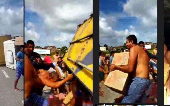 Carreta tomba e carga de biscoito e saqueada na BR 101 em Sergipe veja video