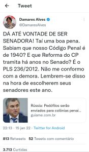Em sua conta no Twitter, Damares fala em 'vontade de ser senadora' 2 no twitter