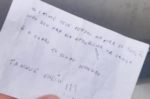 Com pedido de desculpas ladrao volta atras e devolve carro roubado