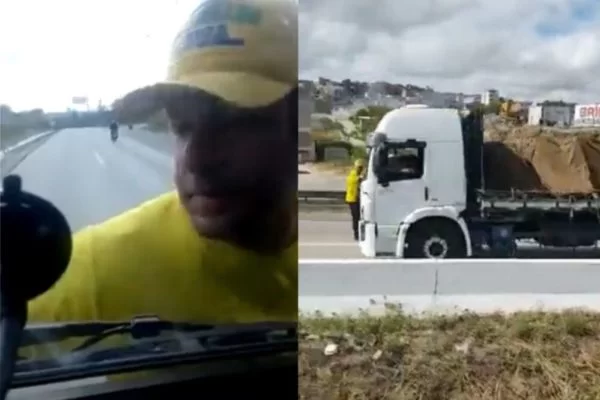 Bolsonarista fica pendurado em para brisa de caminhao em movimento veja video