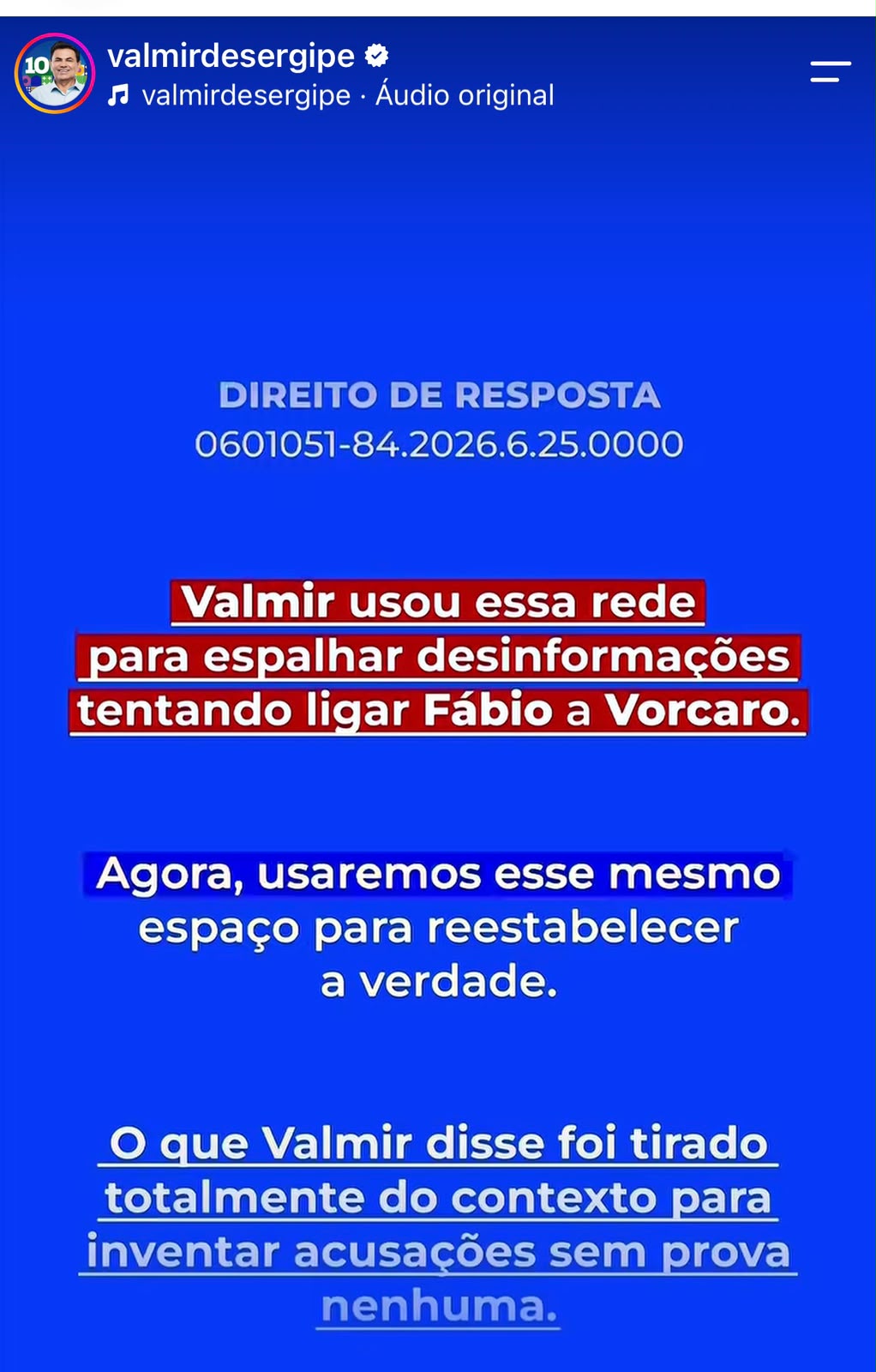 Valmir publica direito de resposta a Fábio Mitidieri por decisão do TRE-SE 2 Card do direito de resposta publicado no perfil de Valmir de Francisquinho, por determinação da Justiça Eleitoral