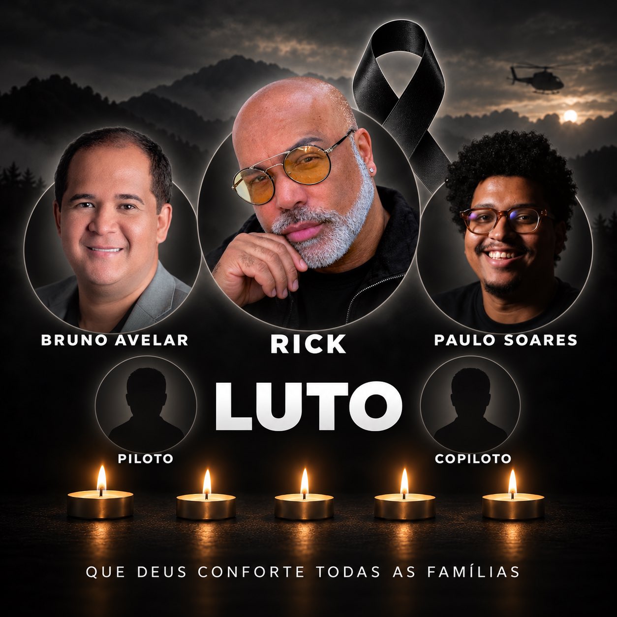 Queda de helicóptero em Santa Catarina mata o cantor Rick e mais quatro 2 Arte em homenagem às cinco vítimas da queda do helicóptero em Santa Catarina: o cantor Rick, o empresário Bruno Avelar, o videomaker Paulo Soares, o piloto e o copiloto