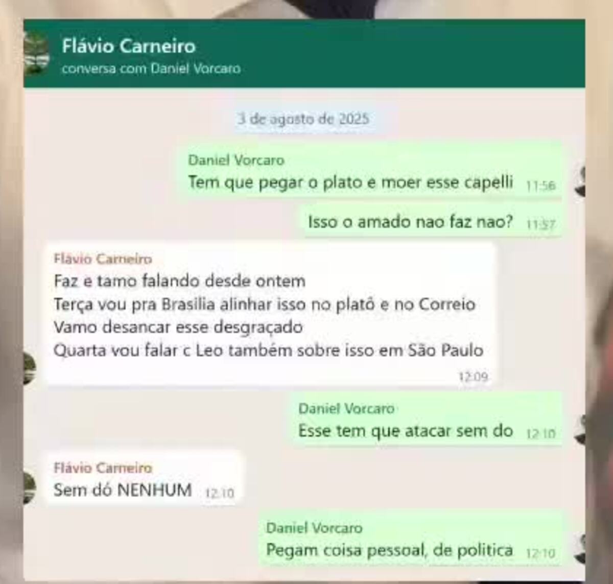 Print de conversa de WhatsApp entre Daniel Vorcaro e Flávio Carneiro apreendida pela PF