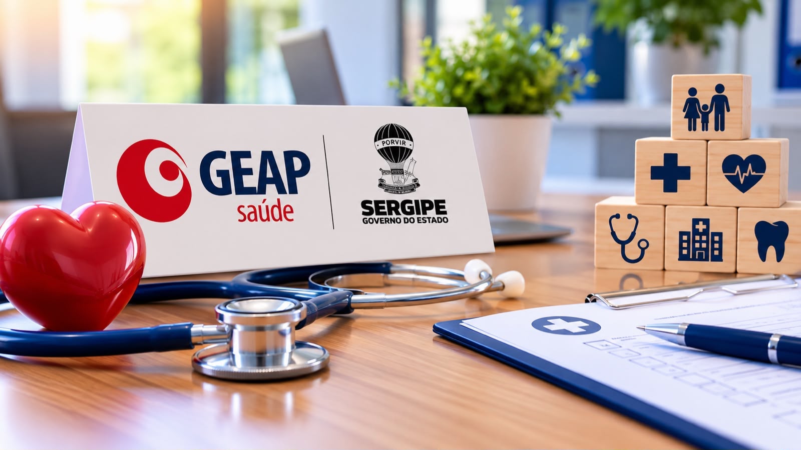 Placa com as marcas GEAP Saúde e Governo de Sergipe sobre uma mesa, ao lado de estetoscópio, coração vermelho, prancheta e cubos de madeira com ícones de saúde