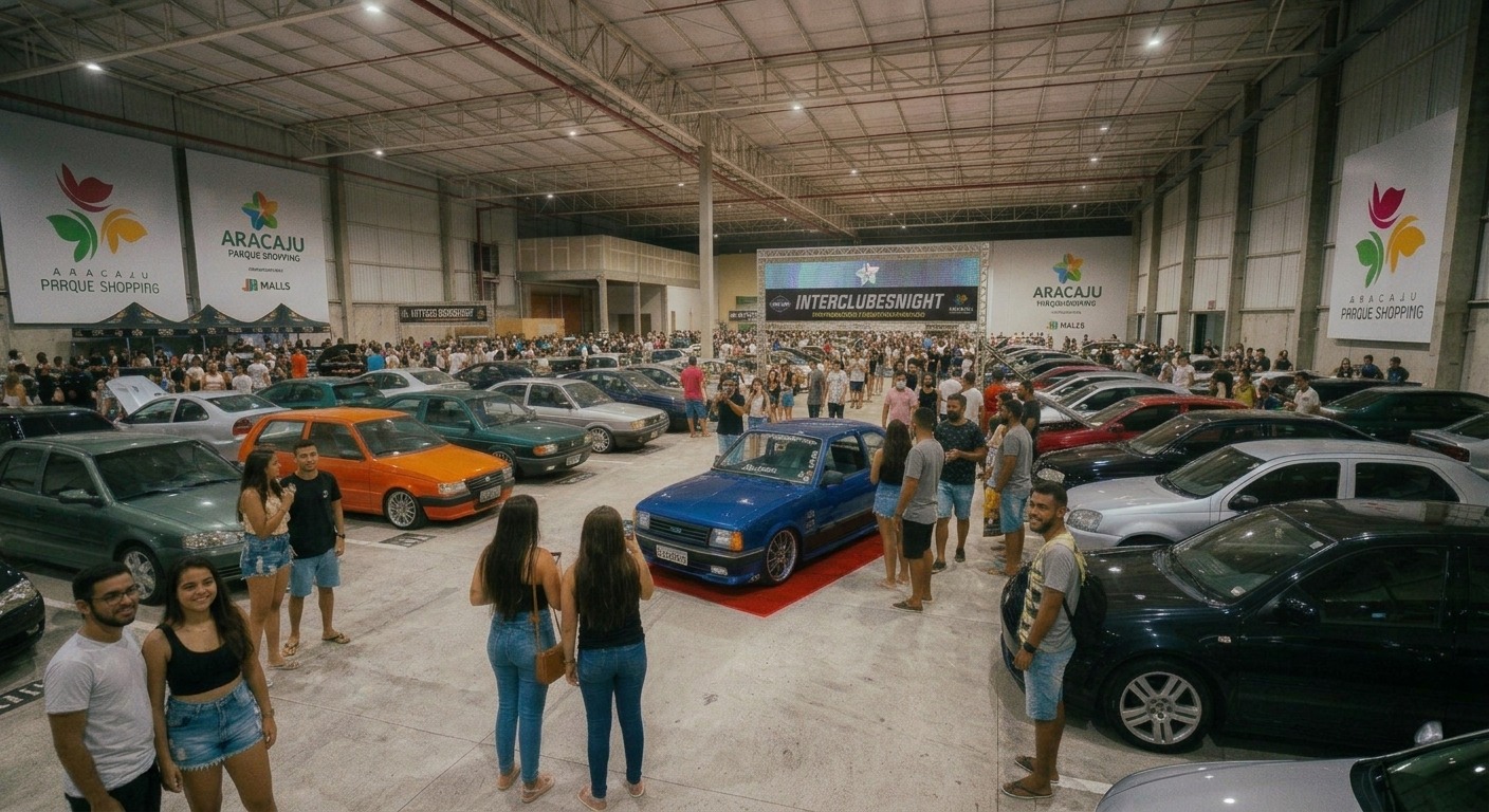 Imagem ilustrativa criada por IA de galpão do Aracaju Parque Shopping com dezenas de carros rebaixados em exposição e público circulando sob o painel do InterclubesNight