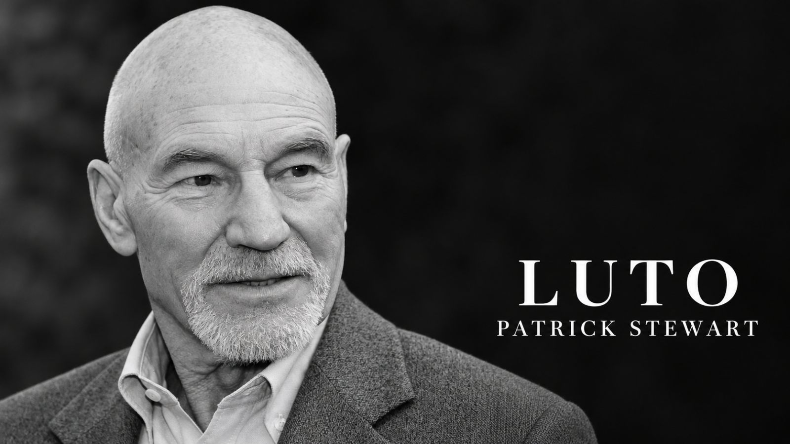 Retrato em preto e branco de Patrick Stewart com a inscrição Luto