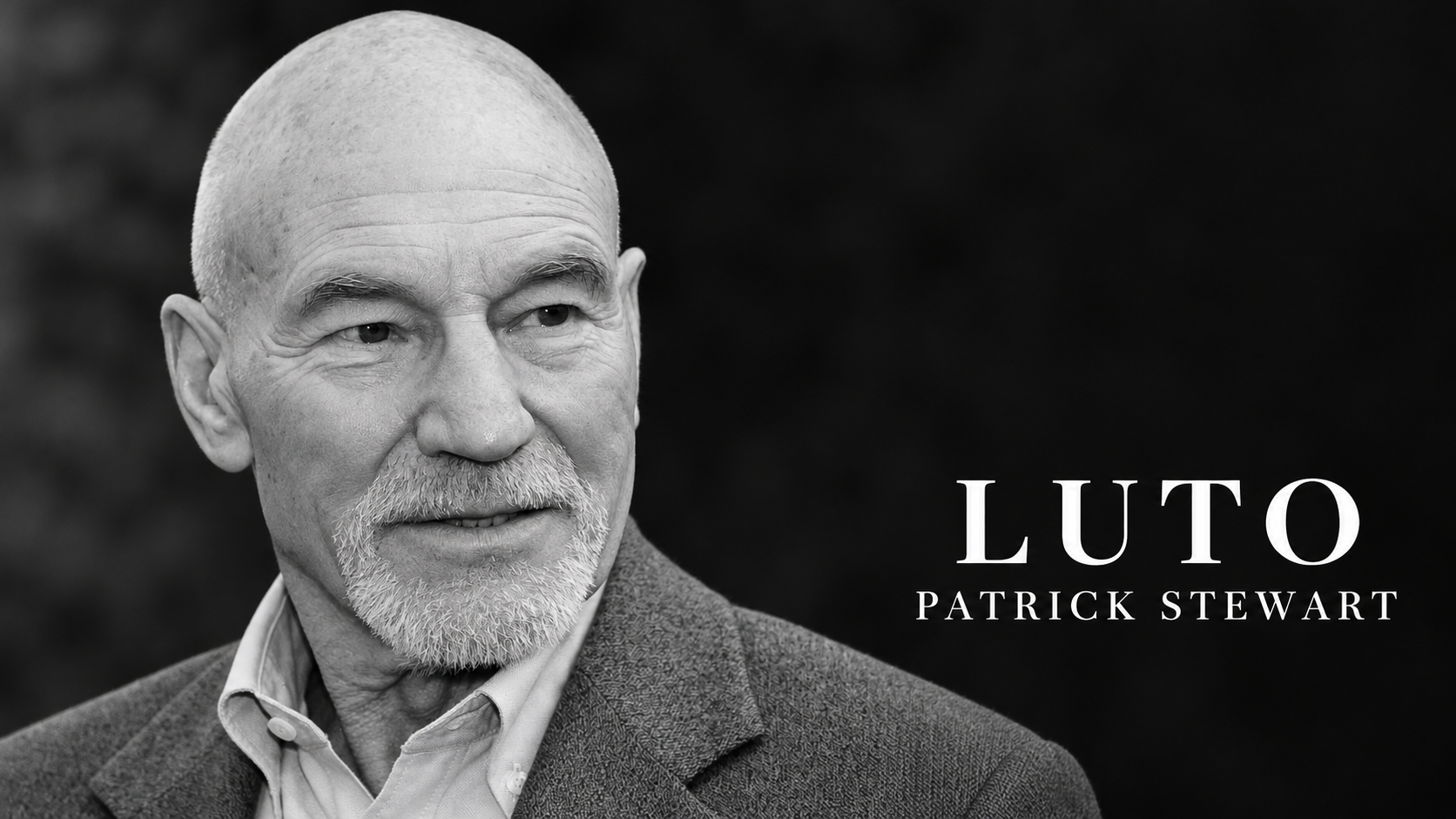Retrato em preto e branco de Patrick Stewart com a inscrição Luto