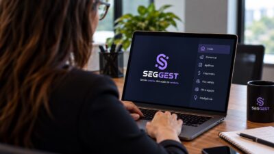 Pessoa usa notebook com a tela do sistema Seggest aberta, mostrando o menu com opções de Início, Comercial, Apólices, Financeiro, Pós-venda, RH e Inteligência